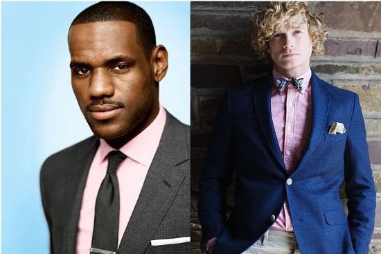 Men wearing pink dress shirt.